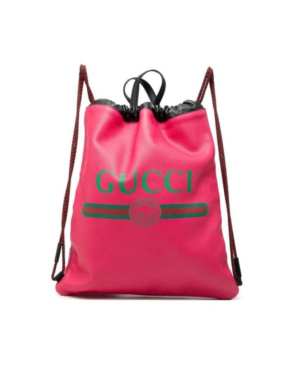 Gucci Print Backpack Drawstring Nap Sac Pink Black Leather